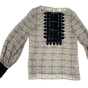 Temperley London Plaid Printed and Black Lace 100% Silk Blouse Women's Size 4